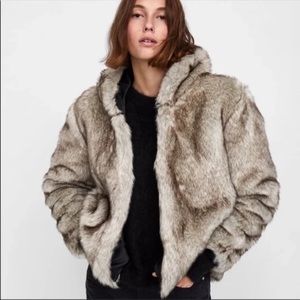 ZARA brown faux fur teddy jacket with hood